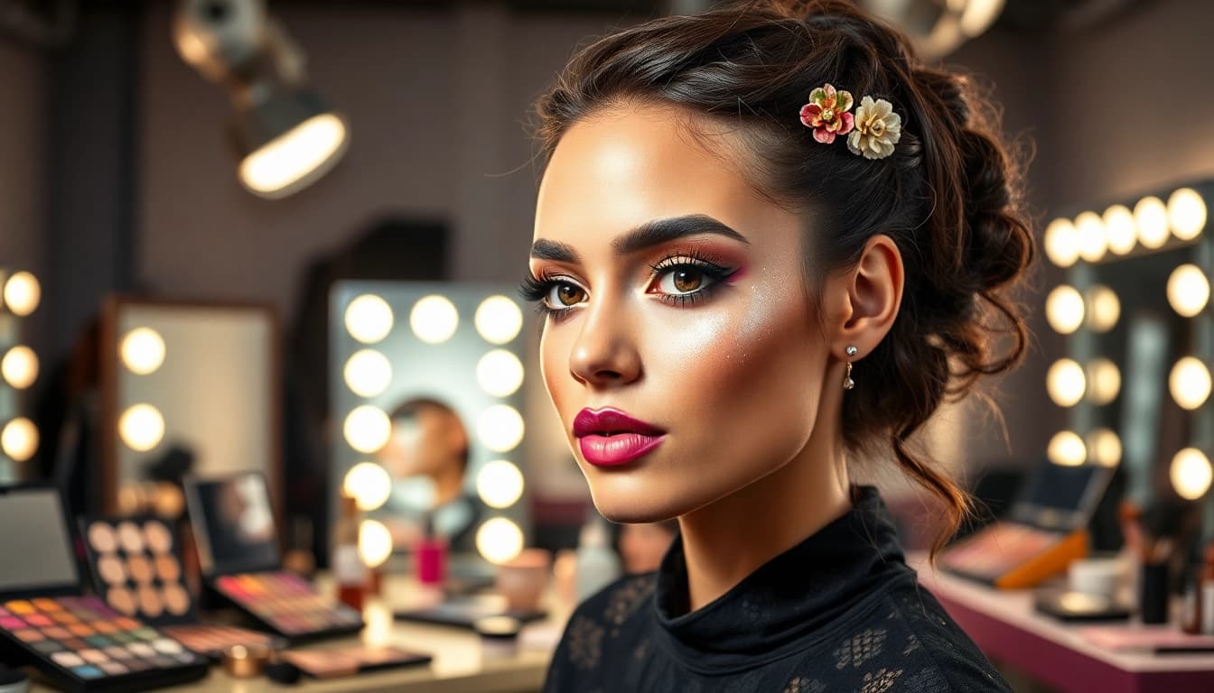 Showcase of an editorial makeup artist DFW creating vibrant and diverse makeup styles in a modern setting.