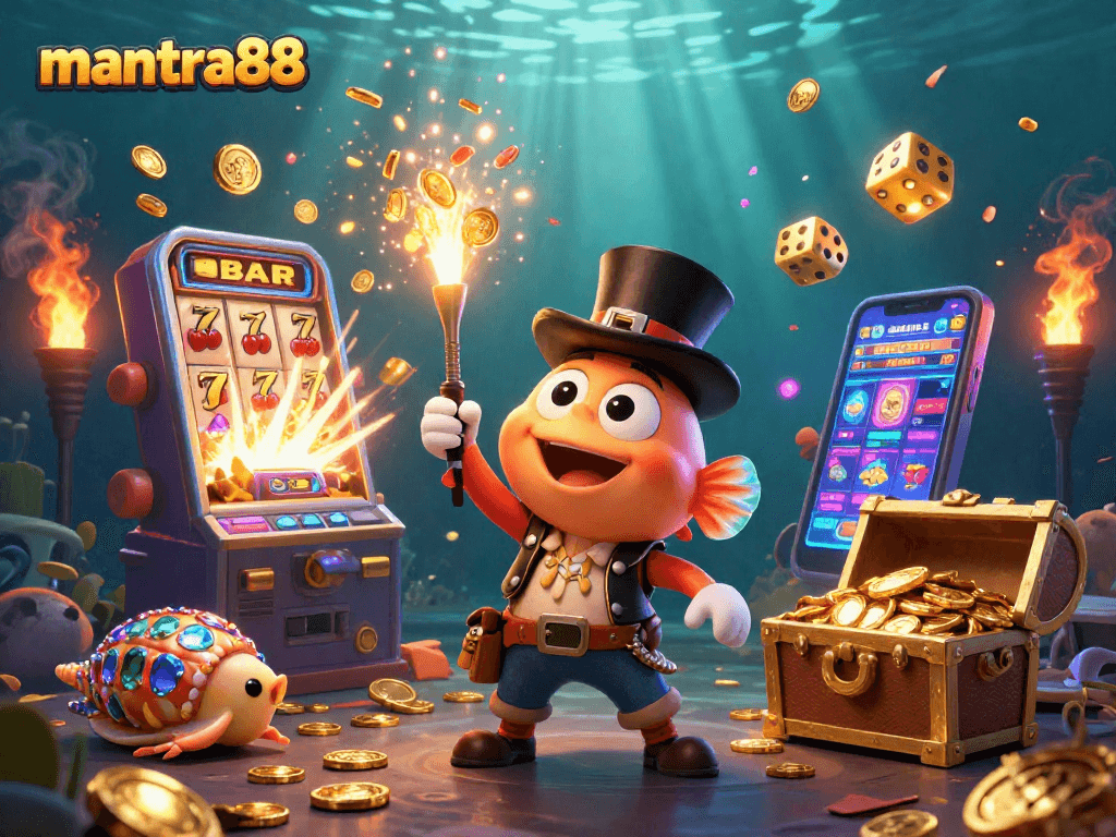 Engage with mantra88's exciting online slots through this vibrant 3D cartoon illustration.