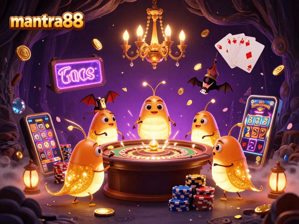 Experience excitement at mantra88 with glowworms lighting a vibrant casino scene filled with winning elements.