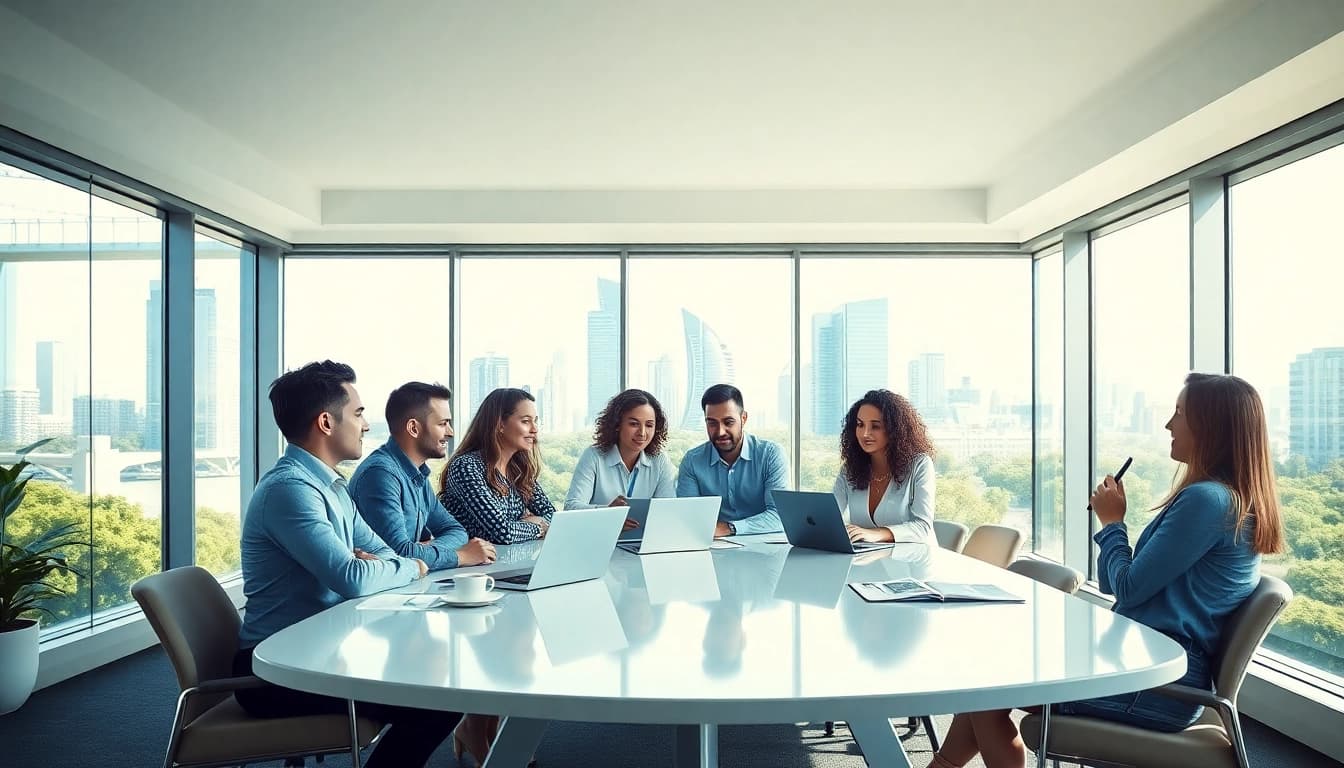 Collaborative brainstorming session at a digital advertising agency Melbourne, showcasing a modern office setup.