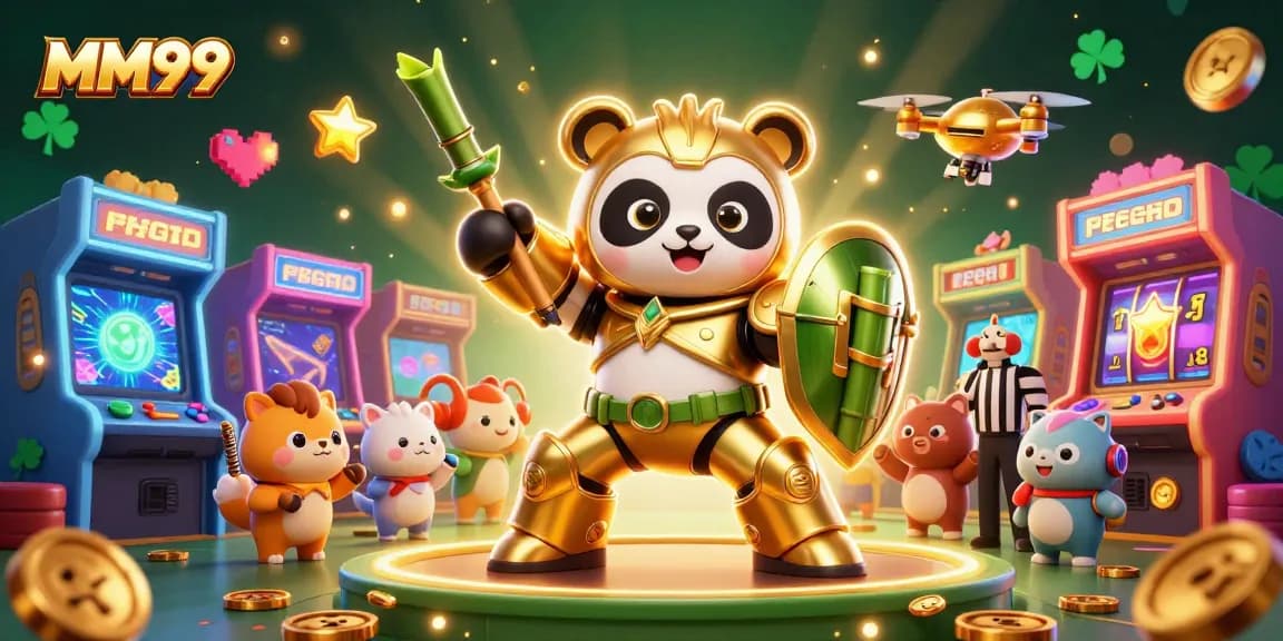 Experience thrilling gaming excitement at MM99 with a vibrant 3D casino illustration featuring lively characters and slot machines.