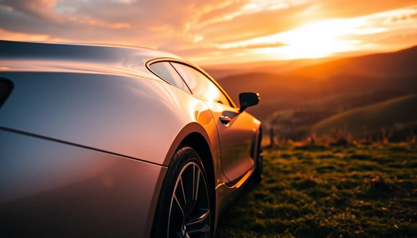 Luxury BMW car showcased elegantly against a stunning sunset backdrop, highlighting its design.