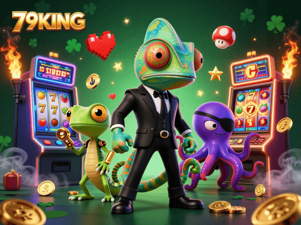 Engage with 79KING's colorful slot machines and characters in a thrilling casino scene.