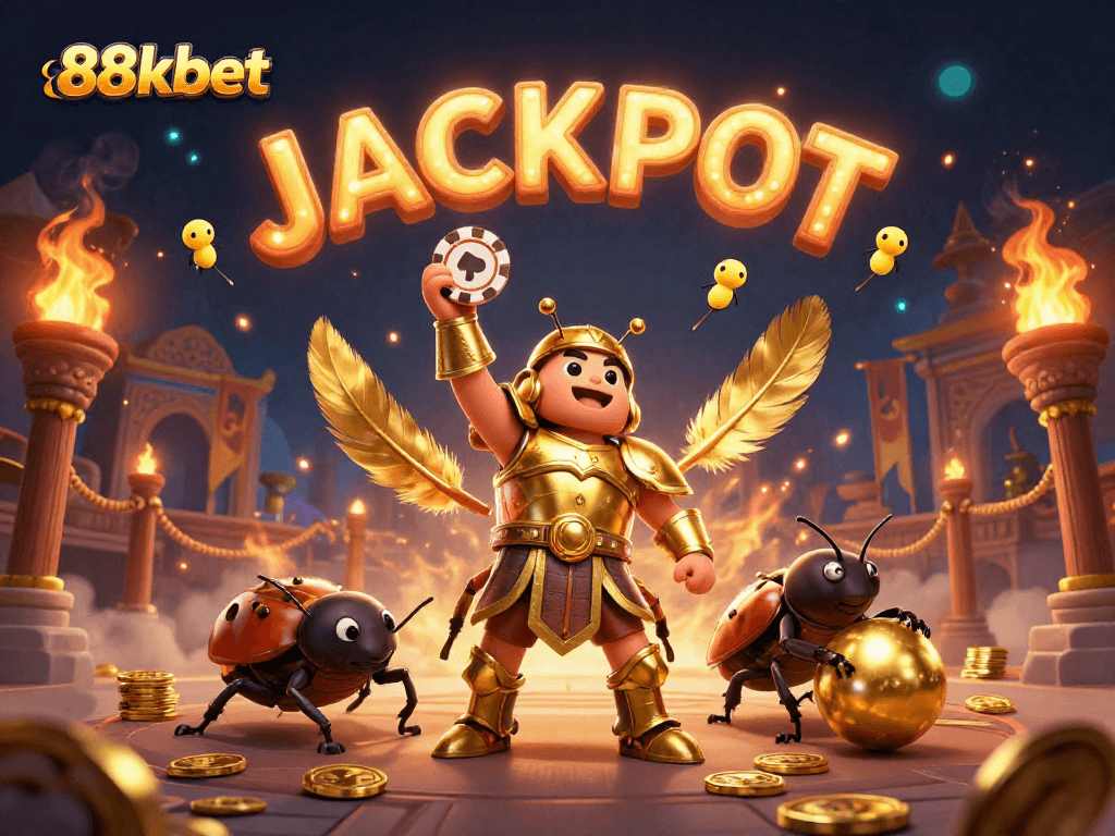 88kbet's hercules beetle celebrates winning with chips in a visually stunning casino scene.