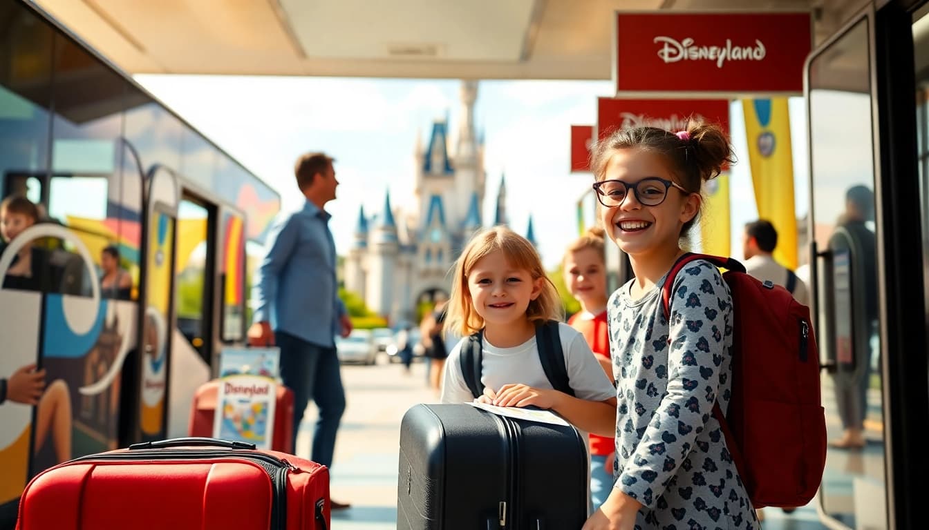 Representing transfers from paris airport to disneyland, a family arrives at Disneyland Paris from an airport shuttle bus.