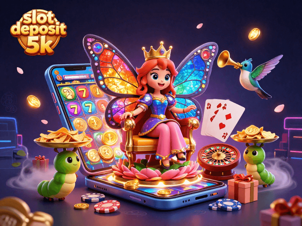 Feature vibrant slot deposit 5k gameplay amidst colorful butterflies and dynamic casino elements.