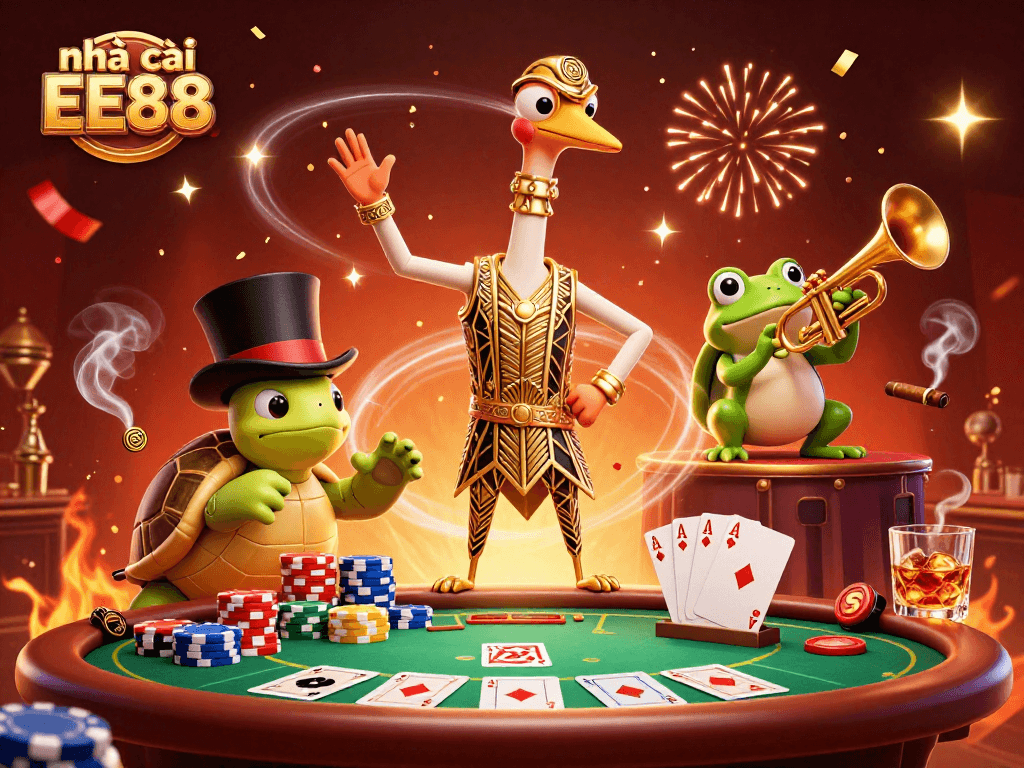 Join nhà cái EE88 for an exciting poker night with a stylish 3D casino scene featuring lively characters.
