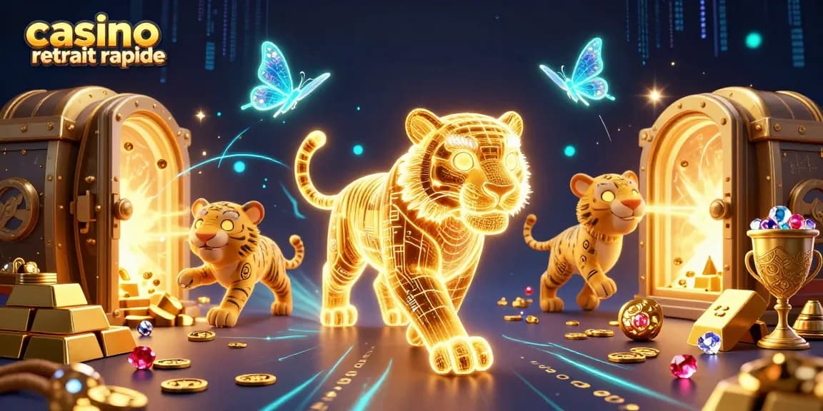 Découvrez l'univers du casino retrait rapide avec un tigre doré et des effets lumineux captivants.