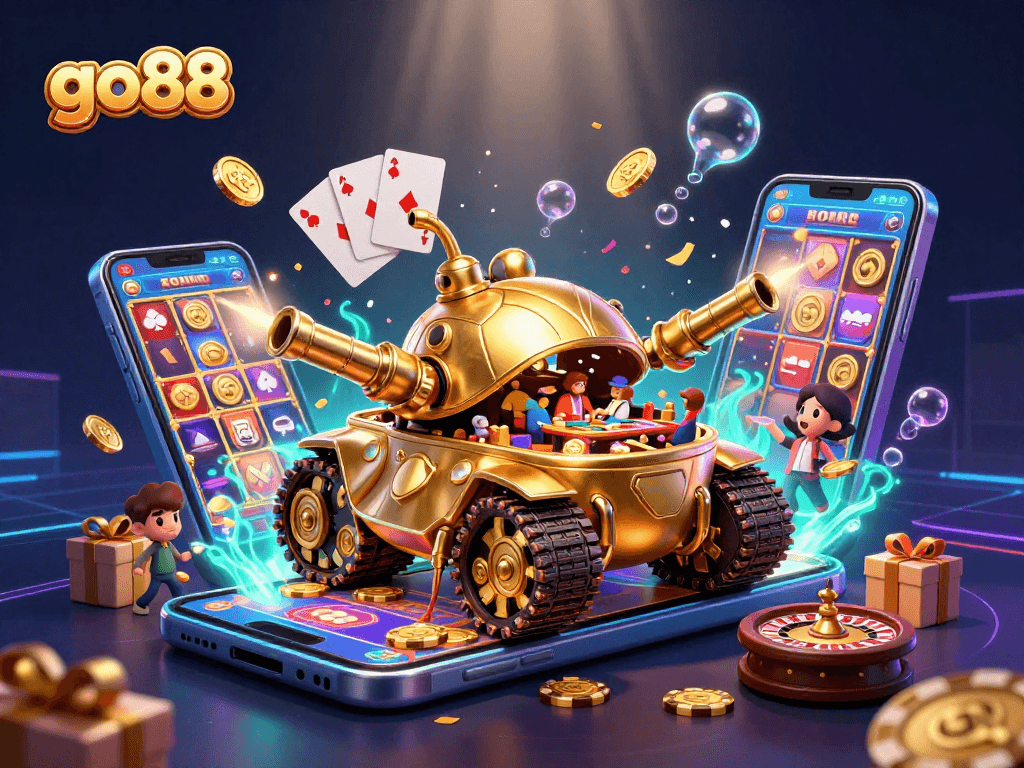 Experience the vibrant energy of go88 with a golden beetle tank revealing a mini casino.
