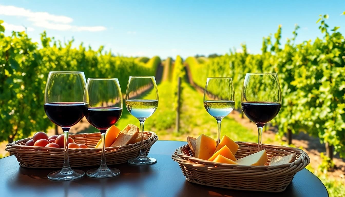 Enjoy a private wine tour Clarksburg with a tranquil setup featuring wine glasses and cheese.