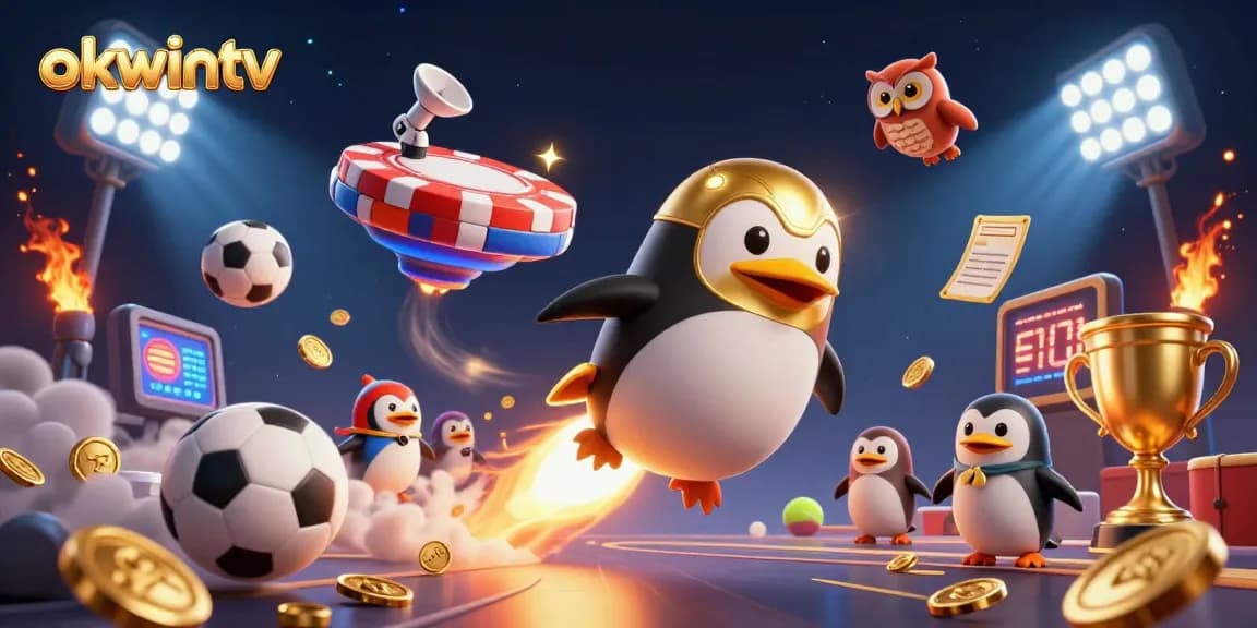 Experience the thrill of okwintv as a golden penguin navigates a casino-themed universe.