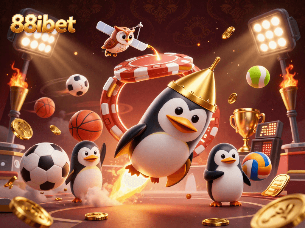 Engage with the excitement of 88ibet through a dynamic 3D illustration of a golden penguin and casino elements.