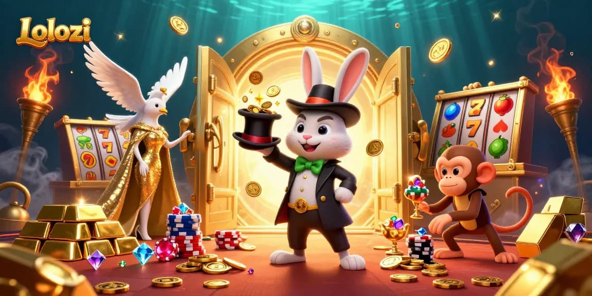 Lolozi combines casino magic with vibrant scenes of a rabbit, dove, and monkey engaging in playful gambling antics.