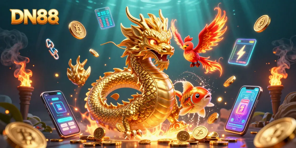 Experience thrilling gameplay with DN88, featuring a mythical dragon, phoenix, and coins.