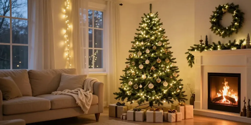 Stunning pre-lit pencil slim Christmas tree with festive decor in a cozy living room setting.