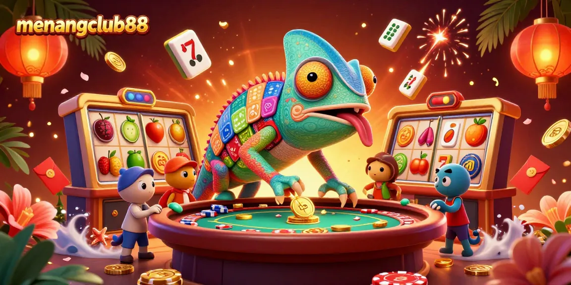 Play exciting games at menangclub88 featuring vibrant slot machines and a playful chameleon casino owner.
