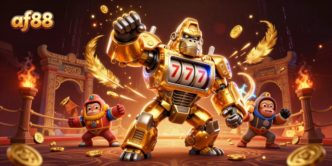 Experience the thrilling action of af88 with a golden gorilla mech amidst explosive gaming elements.