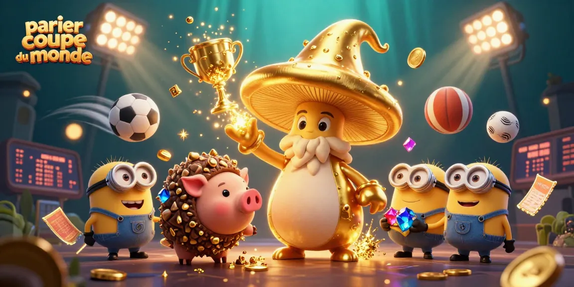 Parier coupe du monde avec un magicien champignon doré entouré de ballons de sport et de cartes de paris.