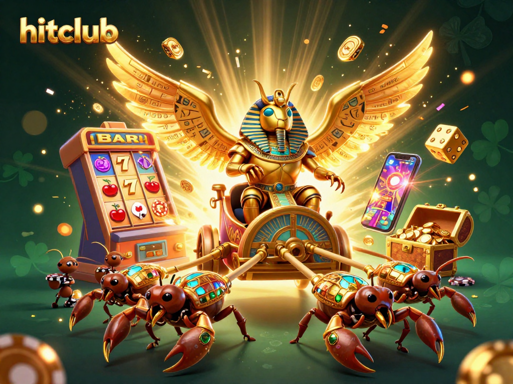 Spin to win with hitclub’s vibrant 3D illustration of a golden beetle and casino elements.
