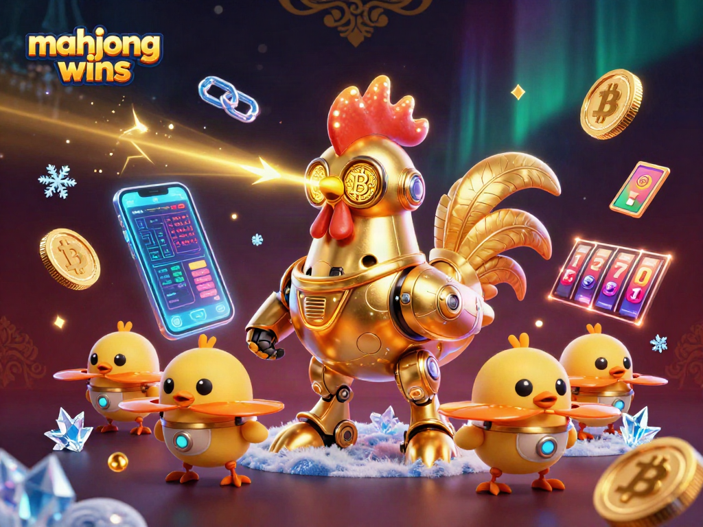 Experience mahjong wins with stunning 3D illustration of a golden rooster robot and crypto elements.