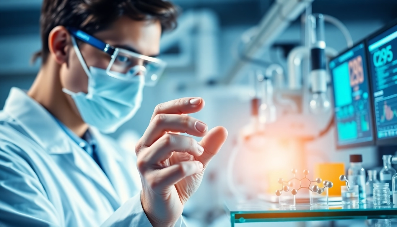 CJC1295 visual showing a scientist analyzing peptide structures in a modern lab environment.