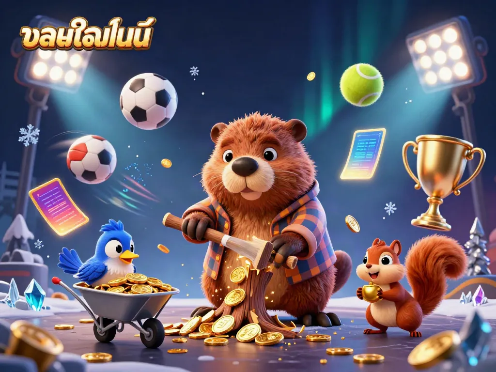 Experience thrilling บอลออนไลน์ action with our dynamic illustration of a beaver, bird, and squirrel amidst exciting sports elements.