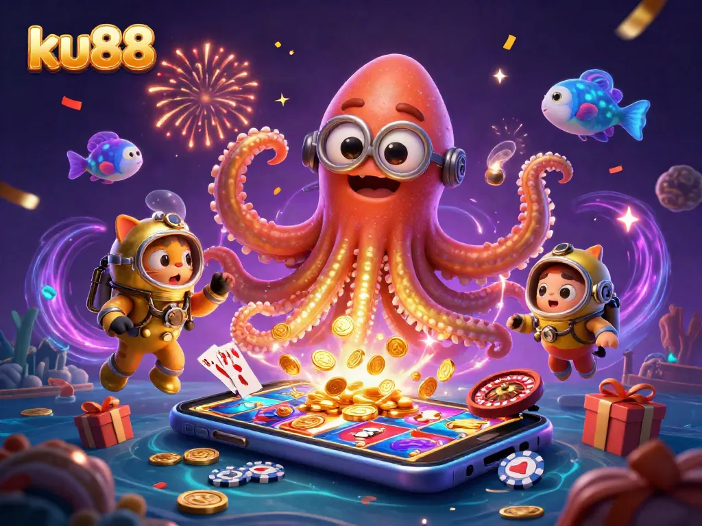 ku88 players enjoying a colorful slot game with a kraken and diving cat in a vibrant casino scene