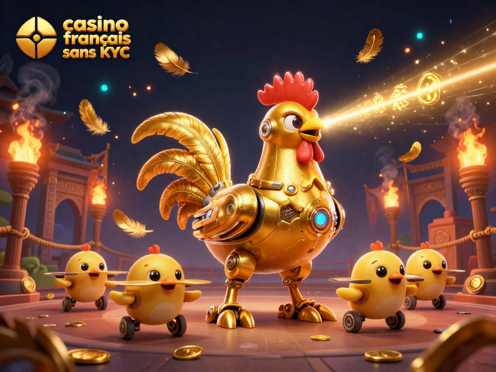Admirez l'animation de laser du robot coq dans le casino français sans KYC entouré de pièces d'or et de feu.