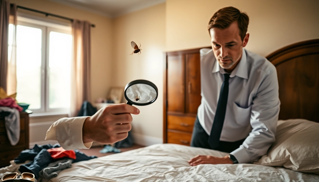 Technician conducting bed bug control inspection in a bedroom, emphasizing the thorough process.