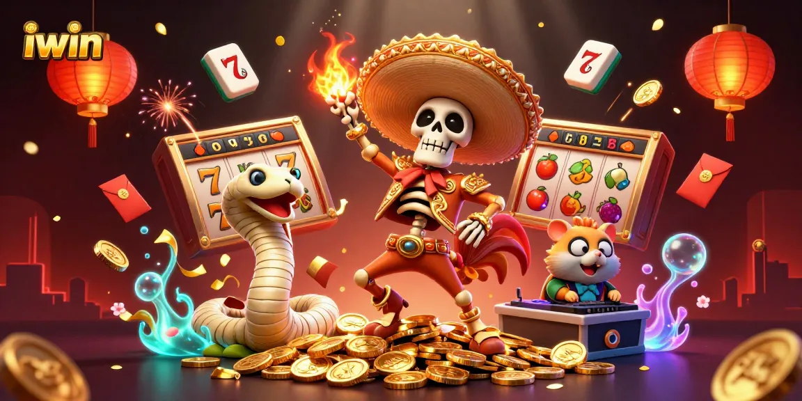 Win big with iwin in this vibrant casino scene featuring lucky characters and symbols.