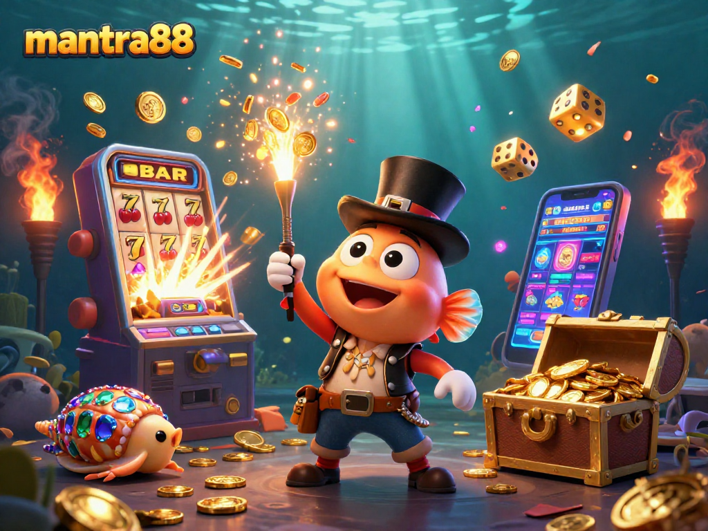 Engage with mantra88's exciting online slots through this vibrant 3D cartoon illustration.