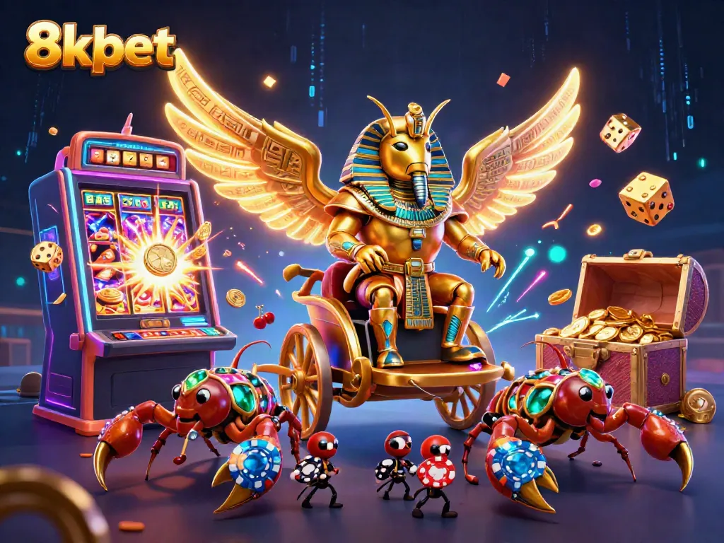 Immerse in 8xbet's vibrant gaming world with this dynamic illustration featuring a golden scarab beetle and thrilling jackpots.