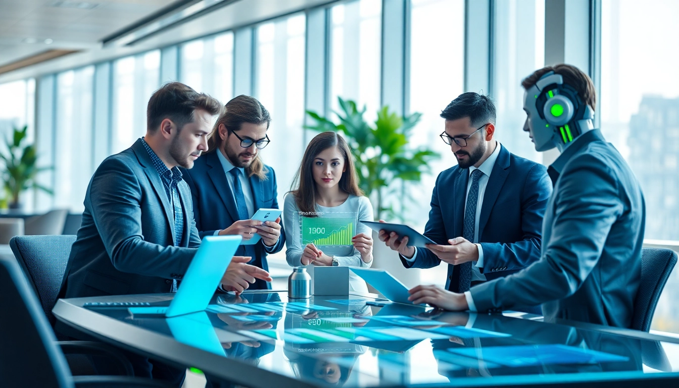 AI agents assisting in a high-tech office setting with advanced technology.