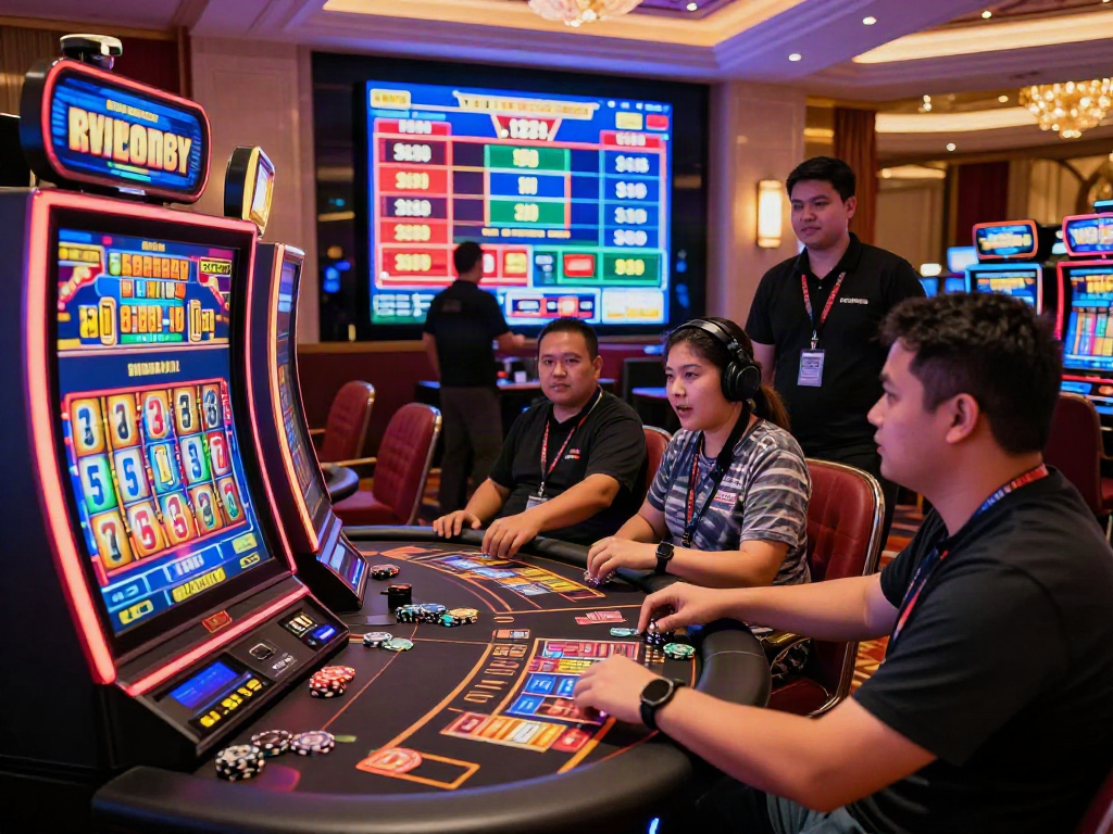 Players enjoying slot online terpercaya in a lively casino environment with vibrant lighting and engaging atmosphere.