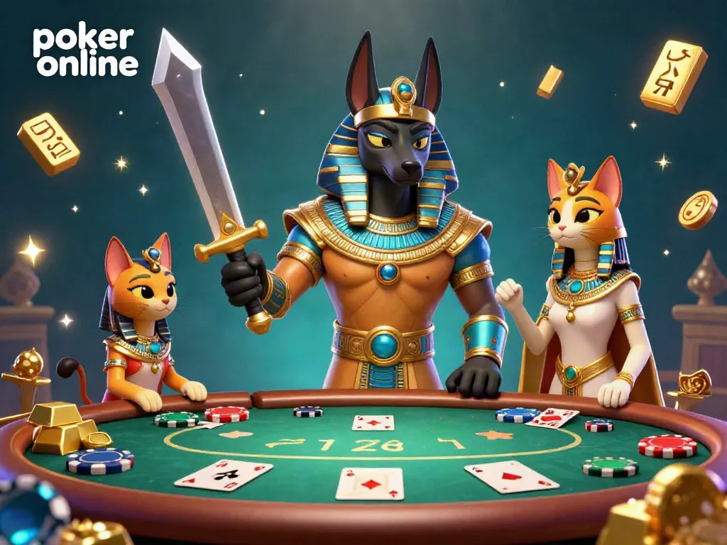 Permainan poker online dengan karakter Anubis dan Bastet, menambahkan elemen kemewahan dan jackpot.