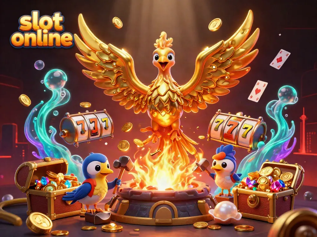 Play thrilling slot online games surrounded by golden coins and dynamic casino artifacts.