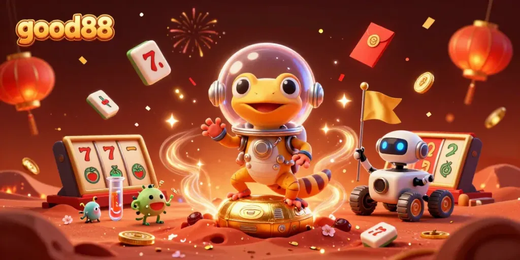Engage in thrilling slot adventures with good88, featuring a Martian gecko discovering a golden casino.