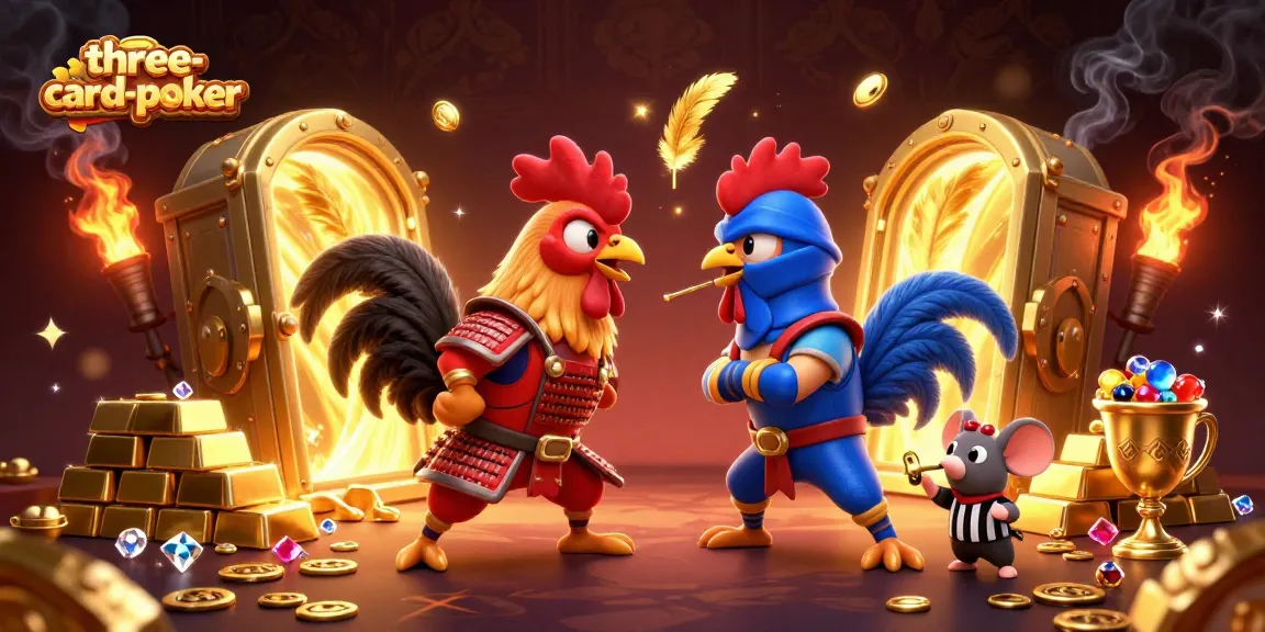 Experience three-card-poker in an explosive showdown between fighting roosters amidst treasure and riches.