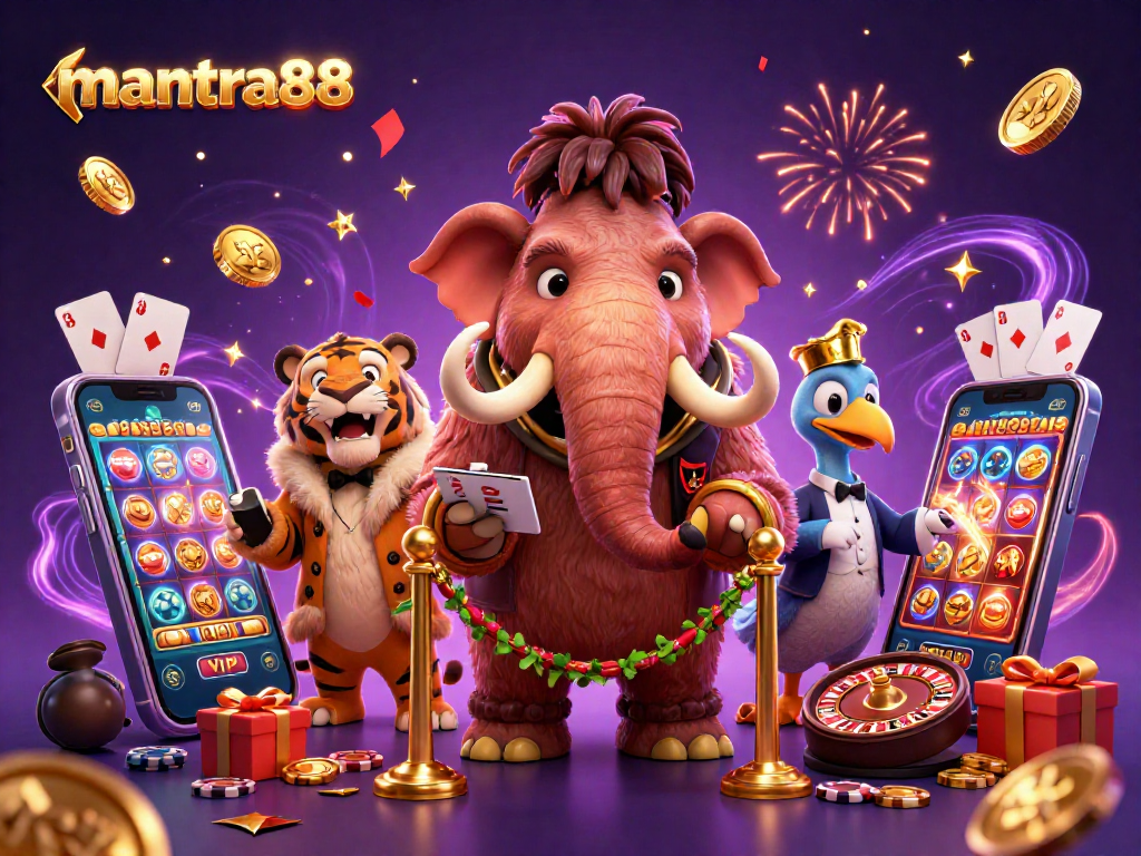Experience the thrill of mantra88 with vibrant games, lively characters, and casino excitement in this stunning illustration.