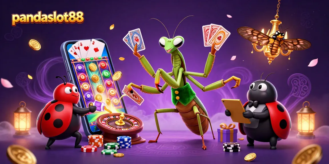 Pandslot88 menghadirkan berbagai elemen slot, kartu, dan koin emas dalam suasana ceria permainan kasino.