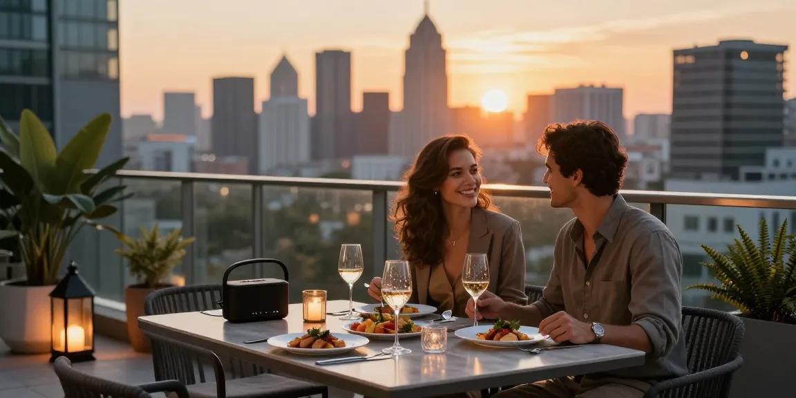 Momen romantis pasangan dengan makanan gourmet di balkon mewah, luxury111.