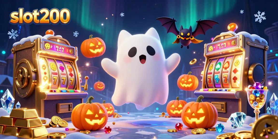 Experience slot200's vibrant haunted casino vibes with glowing jack-o-lanterns and floating treasures.