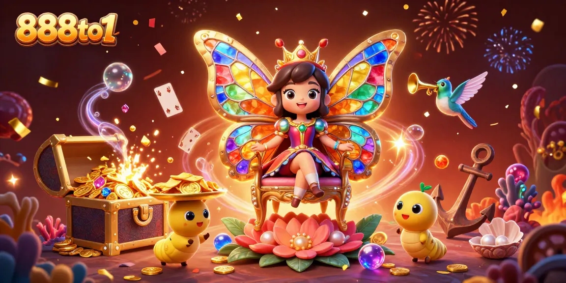 Experience the excitement of 888to1 with a vibrant 3D scene filled with game elements and animated characters.