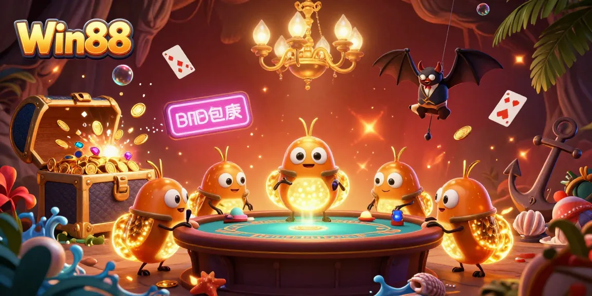 Win88 glows with excitement as glowworms illuminate a vibrant underground casino scene.