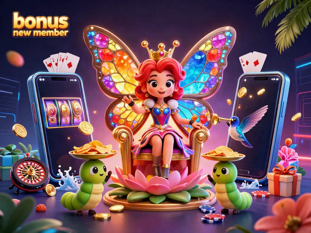 Experience the bonus new member rewards with a vibrant casino-themed scene, featuring a butterfly queen and casino elements.