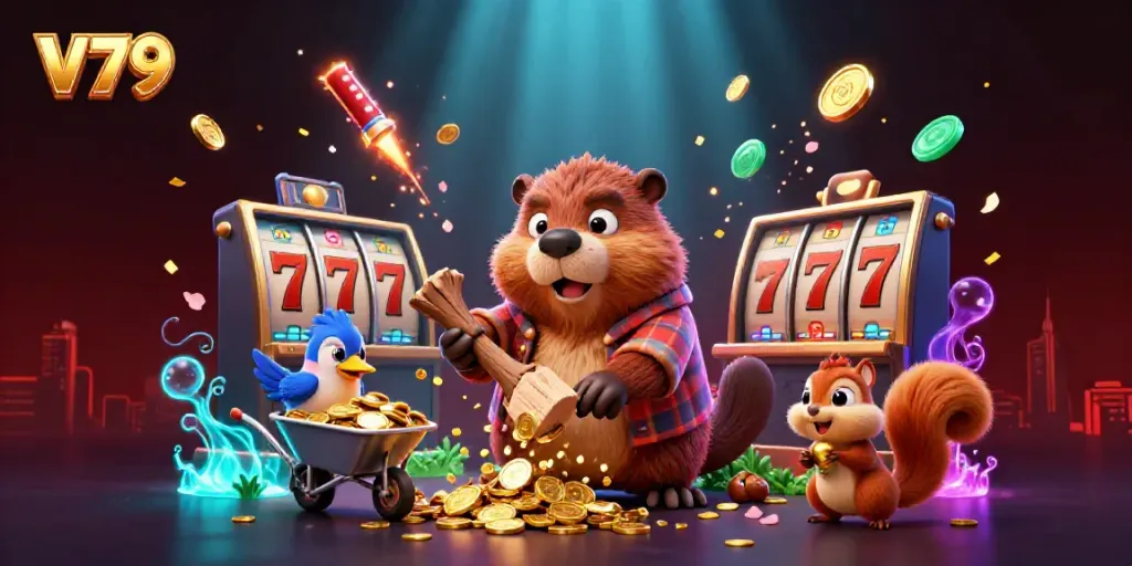 Experience the vibrant V79 casino atmosphere with animated characters enjoying a gold-themed adventure.