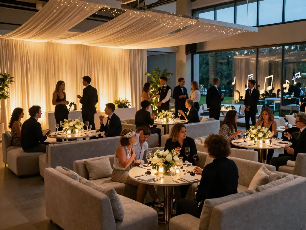 Event furniture rental setup for a wedding reception with elegant lounge seating and floral arrangements