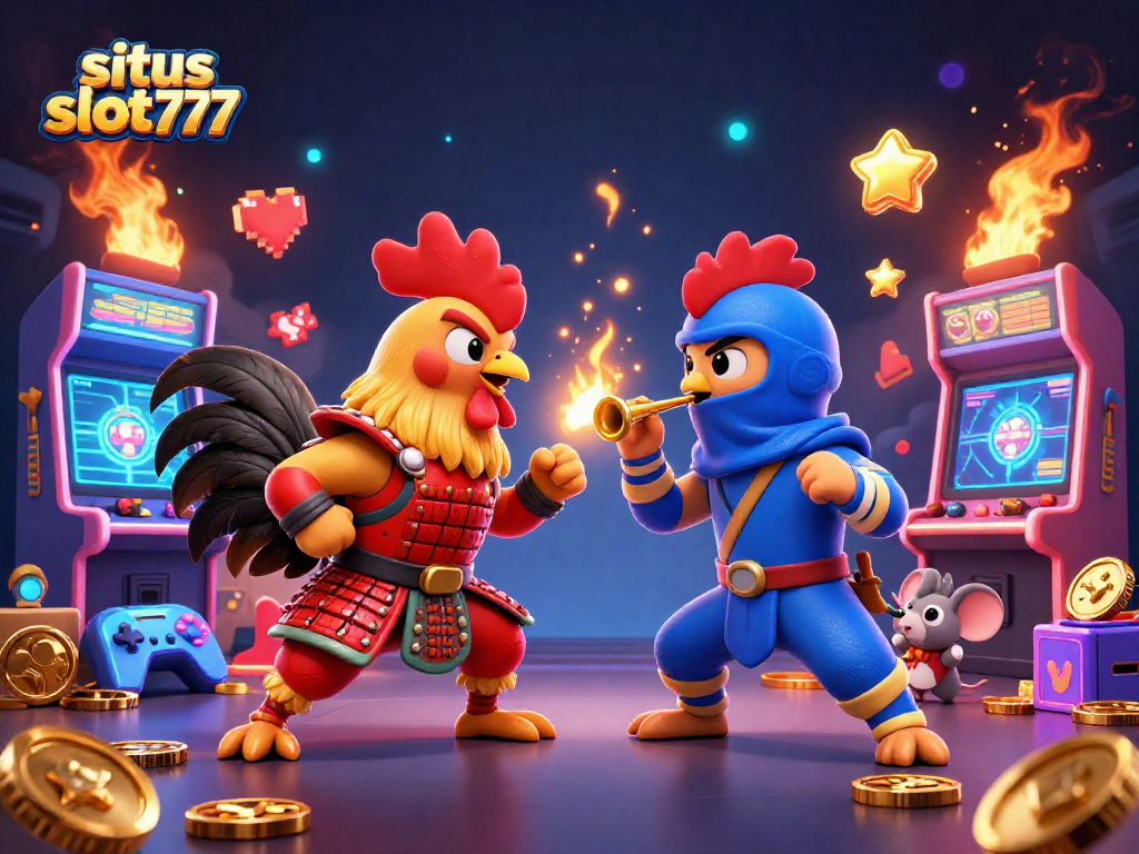 Situs slot777 excitingly showcases a showdown between cartoon fighting roosters amid glowing casino elements.