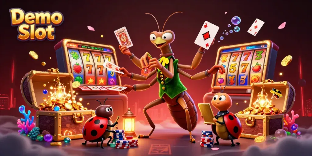 Play vibrant Demo Slot games with a giant mantis card sharp, ladybug pit boss, and colorful slot elements