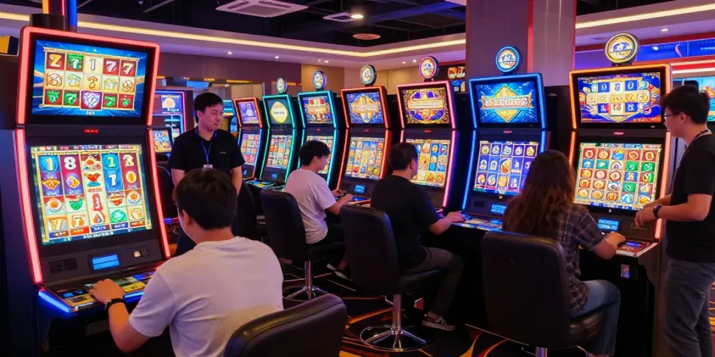 Exciting gaming scene at a PG SOFT situs slot gacor thailand with players enjoying interactive slot machines.